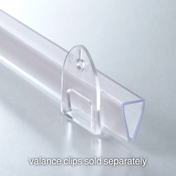 Popco PT-2 series poster-hanging rail in clear with banner clips sold separately.