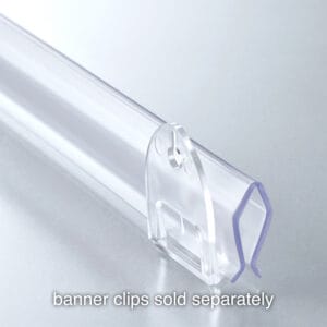 Popco PT-3 series poster-hanging rail in clear with banner clips sold separately.