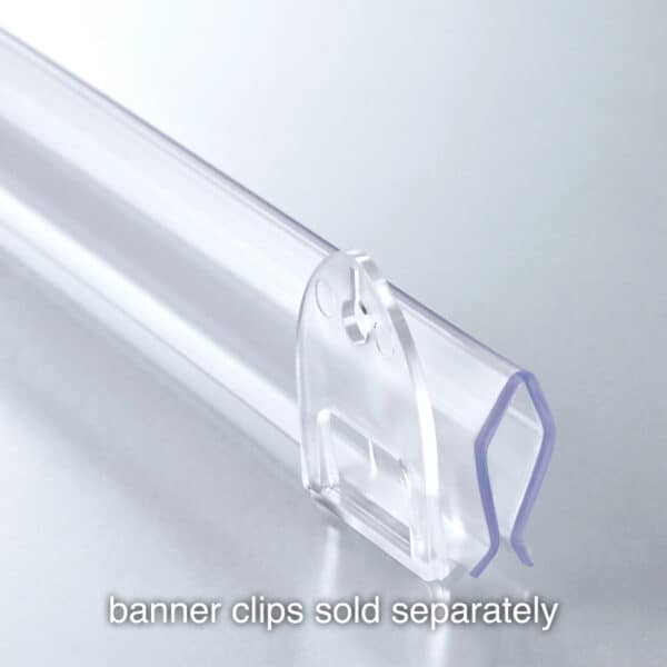 Popco PT-3 series poster-hanging rail in clear with banner clips sold separately.